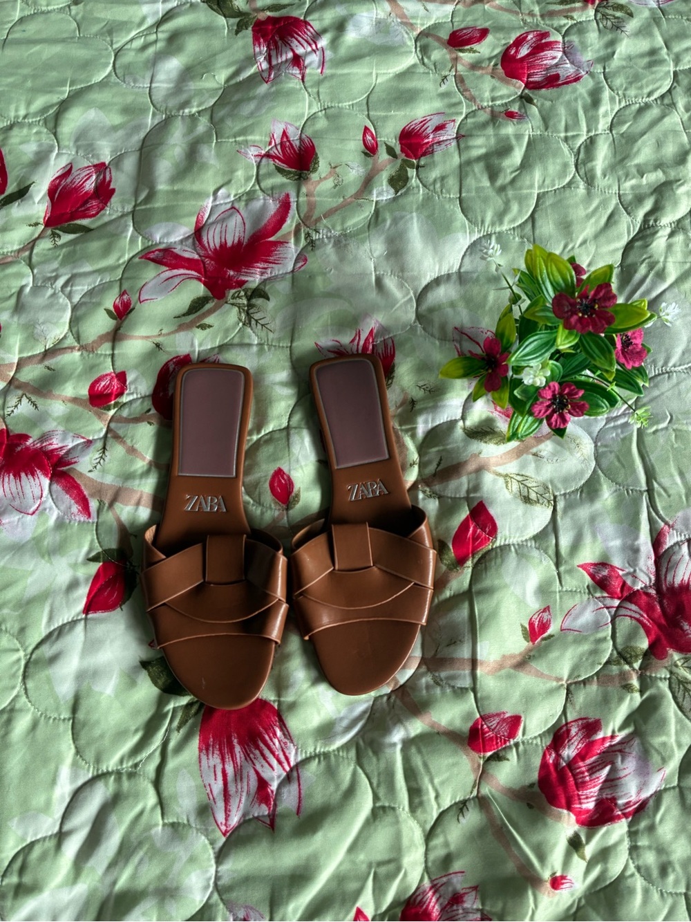 ZARA Tan Brown Woven Slide Mules